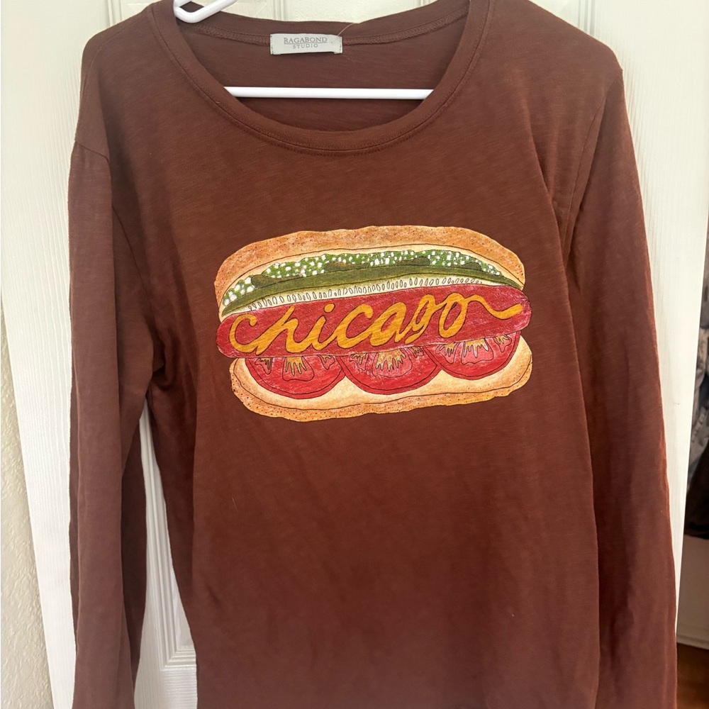 Free People Brown Long Sleeve Tee with Chicago Hotdog Graphic